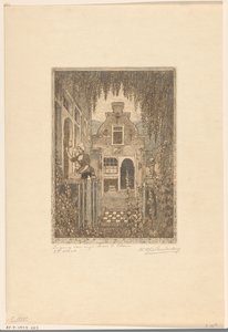 Kvinna i traditionell kostym knackar på en ytterdörr i Edam Vid ytterdörren (originaltitel) Ingången till mitt hus i Edam (titel på objektet) av Wijnand Otto Jan Nieuwenkamp (signed by artist)