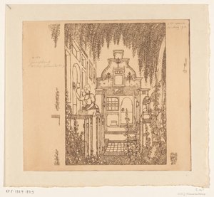 Kvinna i traditionell klänning knackar på en ytterdörr i Edam Vid ytterdörren (originaltitel) av Wijnand Otto Jan Nieuwenkamp (signed by artist)