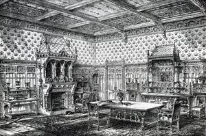 Design för en gotisk matsal, publicerad i The House-Furnisher & Decorator, 1 september 1872 av Wilberforce Haddon