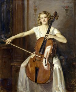 Porträtt av Florence Hooton som spelar cello. Av Wilfred de Glehn