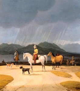""Cavaliers sur le lac Tegern Allemagne"" (Rittare vid Tegernsee) Peinture de Wilhelm Ritter von Kobell (1766-1853) 1832 Olja på trä Dim 282x263 cm Statliga museer, Berlin