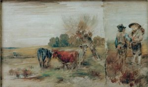 Dubbelbild: kor i hagen, två bönder som pratar av Wilhelm Busch