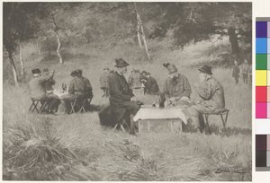 Jaktsällskap - kejsar Frans Josef till bords med prins Leopold av Bayern och storhertig Ferdinand IV av Toscana av Wilhelm Gause