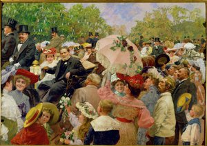 Wiens borgmästare Karl Lueger åker i sin buss under blomsterkorset på Prater i Wien i ... av Wilhelm Gause