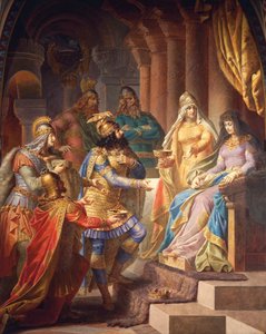 Gudrun samtycker till att gifta sig med Attila, Hunnernas kung, från Gudrun Saga, Upper Hall, c.1883-84 (väggmålning)