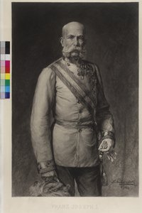 Franz Joseph I i fältmarskalkens galakostym, galahatten i krattad av Wilhelm Hecht