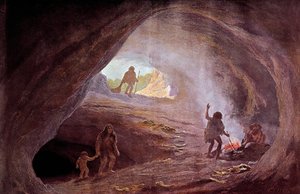 Förhistoria: grottor under istiden. Från en målning av W. Kranz, 1900-talet