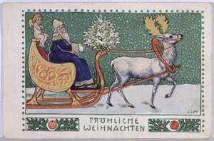 Vykort föreställande jultomten på sin släde, ca 1910