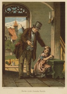 Pappa tröstar sin dotter efter att hon drabbats av konsekvenserna av att reta en hund (färg litho)