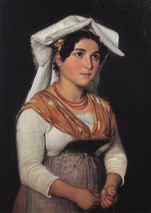 En ung, stående italiensk kvinna håller i ett radband
