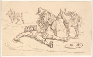 Don Quijote ligger sårad och får hjälp av Sancho av Wilhelm Marstrand