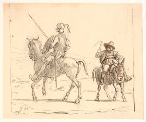 Don Quijote rider till vänster, Sancho Panza till höger