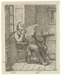 En tjock herre som läser en tidning med sitt kaffe av Wilhelm Marstrand