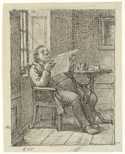En tjock herre som läser en tidning med sitt kaffe av Wilhelm Marstrand