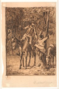 Innan slagsmålet med Mirror Knight hjälper Don Quijote Sancho Panza upp i ett träd av Wilhelm Marstrand