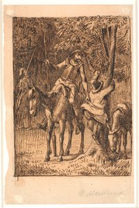Innan slagsmålet med Mirror Knight hjälper Don Quijote Sancho Panza upp i ett träd