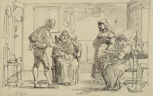 Interiör där en ung man förklarar något för en sittande munk, d.v.s. gråtande flicka och gammal fru
