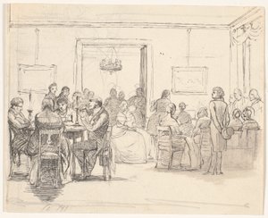 Köpenhamns samhällsscen, t.v. kortspelare, d.v.s. musik spelas där av Wilhelm Marstrand