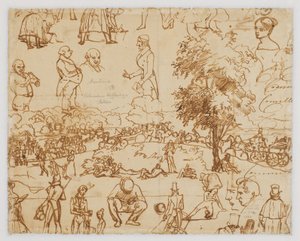 Landschaft mit Pferdewagen und zahlreichen Figurenskizzen av Wilhelm Marstrand