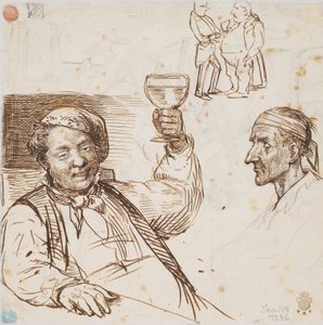 Man med glas, manshuvud samt två män i samtal av Wilhelm Marstrand