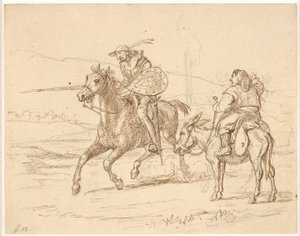 Medan Sancho tittar på attackerar Don Quijote