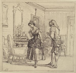 Rosina ger Figaro brevet till greve Almaviva. (Barberaren i Sevilla)