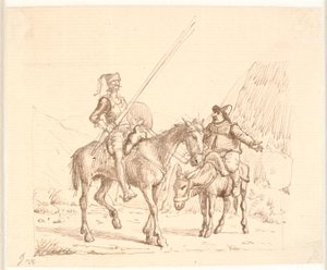 Sancho på åsnan förklarar något för Don Quijote