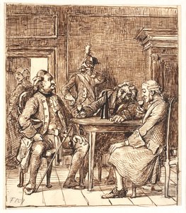 Scen på förlossningsavdelningen. Corfitz dricker Rhenvin med officeren och Jens Olsen av Wilhelm Marstrand