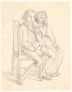 Svensk flicka och pojke sitter på en stol av Wilhelm Marstrand