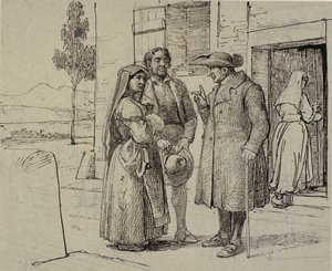 Utanför ett hus förmanar en präst ett ungt par av Wilhelm Marstrand