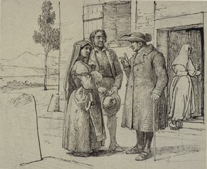 Utanför ett hus förmanar en präst ett ungt par av Wilhelm Marstrand