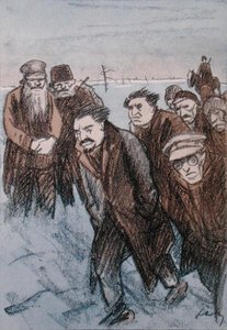 Karikatyr av Leon Trotskij (1879-1940) i Sibirien, från tidskriften Simplicissimus, januari 1928 (litho i färg)
