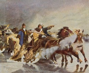 Den store kurfurstens överfart över den kuriska lagunen, januari 1679 (förstärkt färglitografi) av Wilhelm Simmler