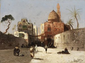 Svenska: Orientalisk gatubild med moské, minaret och handlare på en förgård. av Wilhelm Sohn