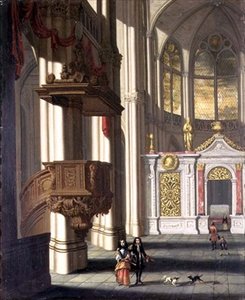 Kyrkinteriör med eleganta figurer (olja på panel)