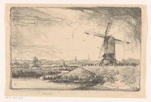 Landskap med väderkvarn nära Leiden av Willem Adrianus Grondhout (signed by artist)