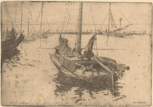 Pråmar i hamnen i Volendam av Willem Adrianus Grondhout (signed by artist)