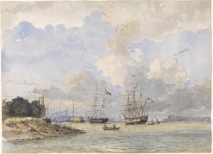 Maas för Rotterdam, med ett amerikanskt och svenskt fartyg
