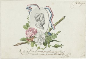 Vinjett med blommor, porträttmedaljong och band av Willem Bilderdijk