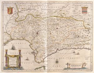 Andalusien och staden Sevilla, Gibraltar sund, i "Theatrum Orbis Terrarum, sive Atlas Novus" av Willem Blaeu, Amsterdam