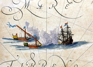Strid mellan två galärer och en karaque. Atlas av Willem Janszoon Blaeu (1571 - 1638) av Willem Blaeu