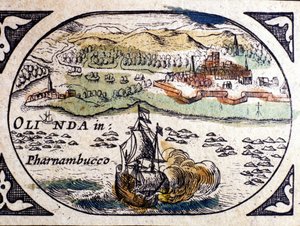 Brasilien, utsikt över Pernambuco (Recife), Atlas av W. G. Blaeu, Amsterdam 1600. av Willem Blaeu