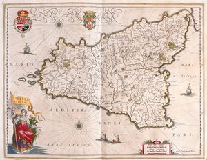 Ön Sicilien, Italien, i "Theatrum Orbis Terrarum, sive Atlas Novus" av Willem Blaeu, Amsterdam