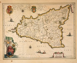 Karta över Sicilien, av Willem Blaeu, från Regionum Italiae, gravyr