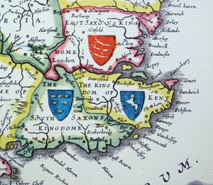 Sköldar av Sussex, Kent och Essex från Heptarchy; ett samlingsnamn för de anglosaxiska kungadömena i södra, östra och centrala England under senantiken och tidig medeltid av Willem Blaeu