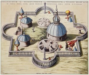 Stelleburgum sive Observatorium Subterraeum, underjordiskt astronomiskt observatorium vid Stjerneborg (Stjärnslottet), designat av Tycho Brahe (1546-1601) på ön Hven, Danmark, ritning av Willem Blaeu, ca 1595. av Willem Blaeu