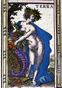 Jorden, ett av de fyra element som representeras i Atlas of W. Blaeu tryckt i Amsterdam 1655. av Willem Blaeu