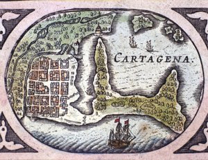 Vy över Cartagena i Colombia (Sydamerika). Detalj av en karta över Atlas "" Le Theatre du Monde"" av Willem Janszoon Blaeu (1571-1638) av Willem Blaeu