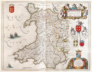 Wales, i "Theatrum Orbis Terrarum, sive Atlas Novus" av Willem Blaeu, Amsterdam av Willem Blaeu