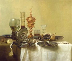 Stilleben med glas, tallrikar och mat, 1638